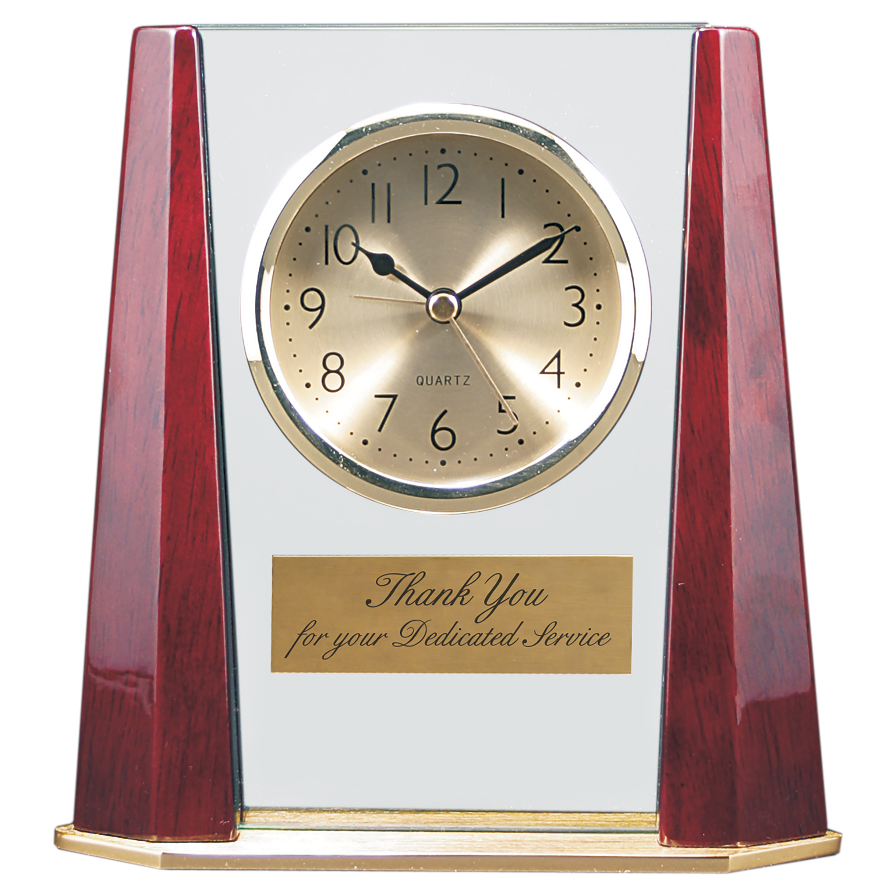 7" Glass Desk Clock with Rosewood Finish Bevel Columns