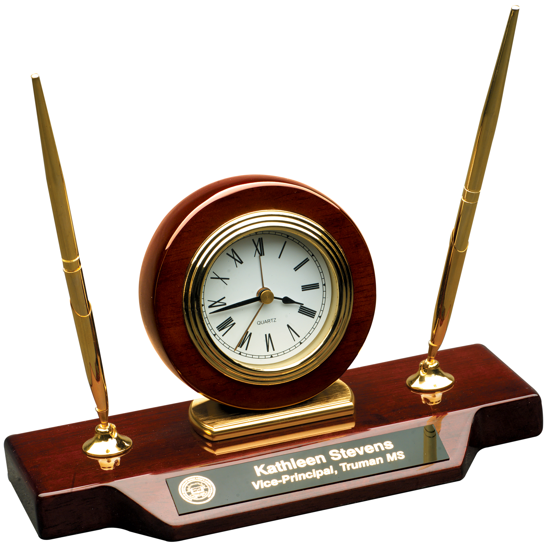 9" x 4 3/4" Piano Finish Desk Clock on Base with 2 Pens